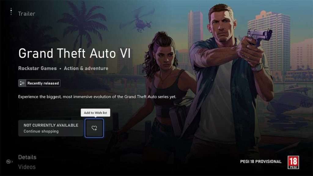 GTA VI wishlist na Xbox Store.