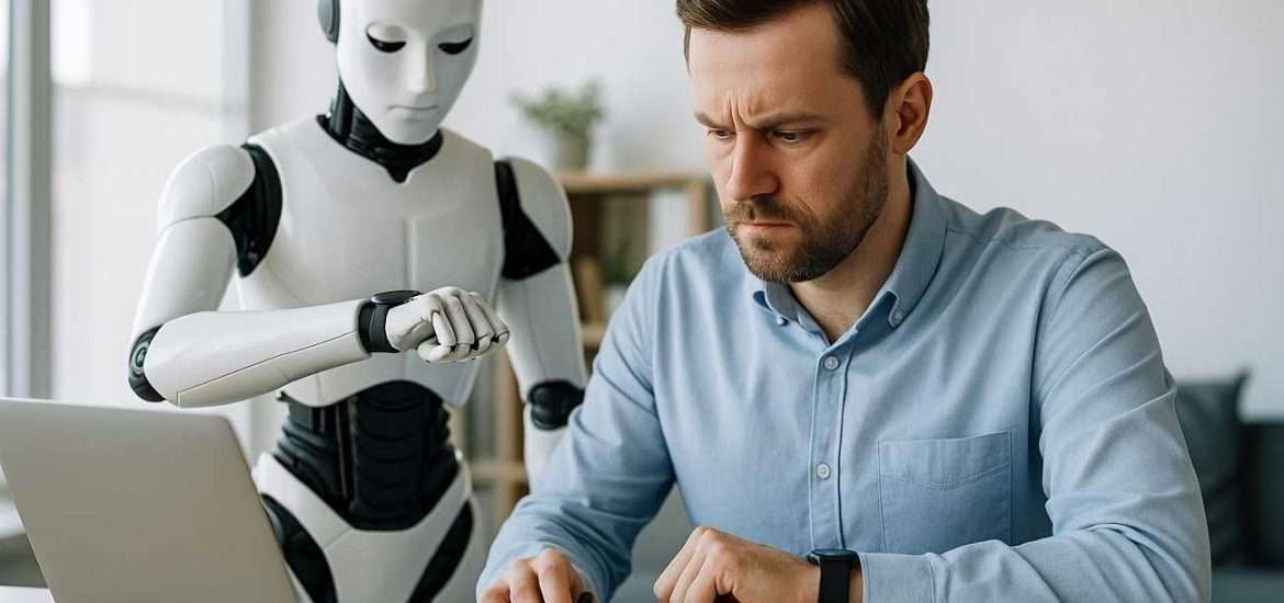 AI Robot sleduje hodinky za chrbtom zamestnanca v kancelárii.