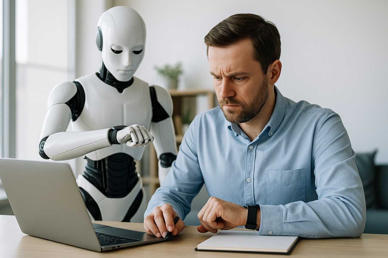AI Robot sleduje hodinky za chrbtom zamestnanca v kancelárii.